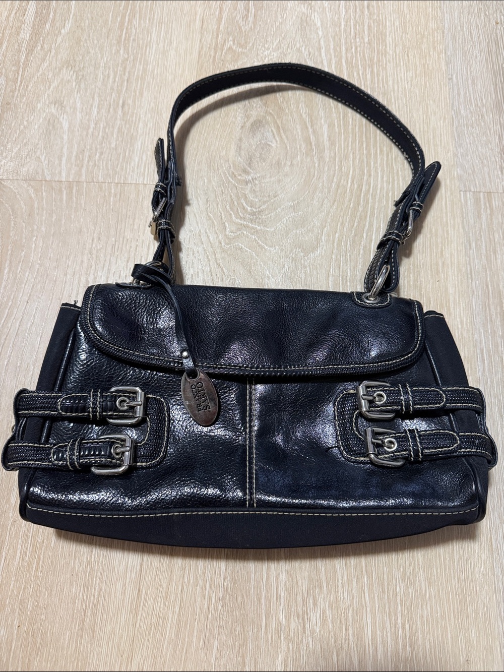Franco Sarto Vintage Y2K Black Leather Shoulder Bag with Buckle Details